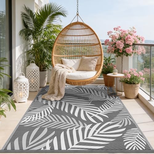 Kohree Outdoor Rug, Leaf, 8x10, Grey & White