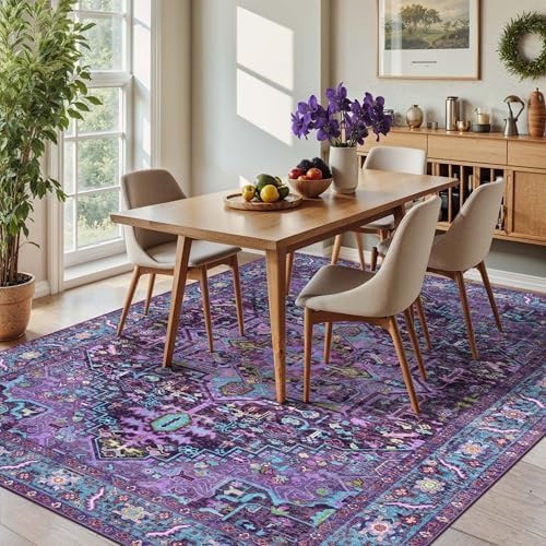 8x10 Purple and Turquoise Blue Vintage Boho Oriental Soft Washable Area Rug