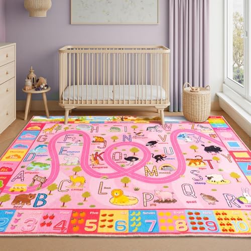 4 x 6 Feet Pink Zoo Themed Kids Educational Play Area Rug for Girls | Pink Non-Slip Washable Kids Learning Rug, Alphabet Numbers Zoo Animals Week Seasons Design for Classroom Playroom