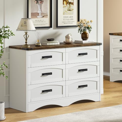Decofy 47" Farmhouse 6-Drawer Dresser for Bedroom, Pure White + Walnut