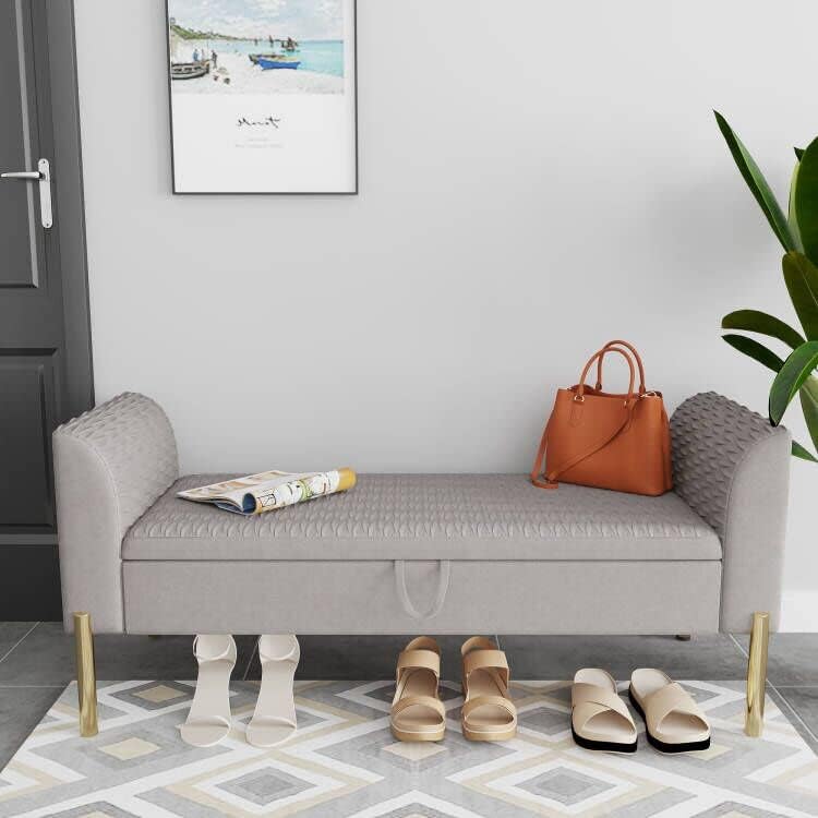 ALISH Storage Bench,Upholstered Storage Ottoman Bench,Modern Bed Bench Entryway Bench with Gold Legs for Bedroom Living Room Gray