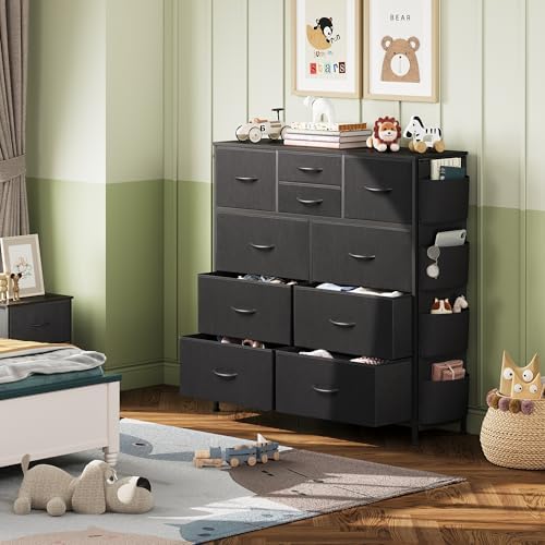 WLIVE 10 Drawer Black Fabric Dresser for Bedroom, Side Pocket & Hooks Chest