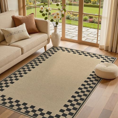 UERMEI 5x7 Outdoor Jute Area Rug Patio Neutral Washable Checkered Brown | Easy Non Slip Pet Friendly Indoor Farmhouse Carpet for Living Room Bedroom Dining Backyard