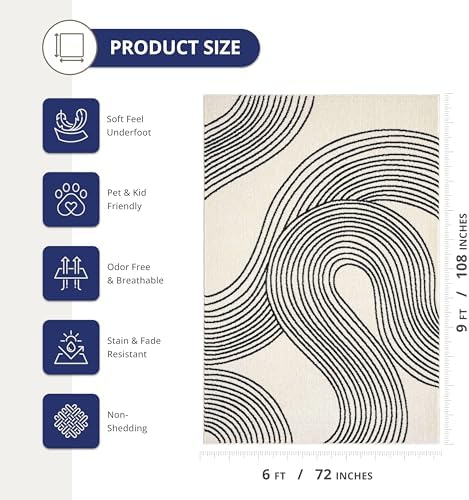 Abani Cream and Black Swirl Area Rug | 6" x 9" Beige Carpet with Wa...