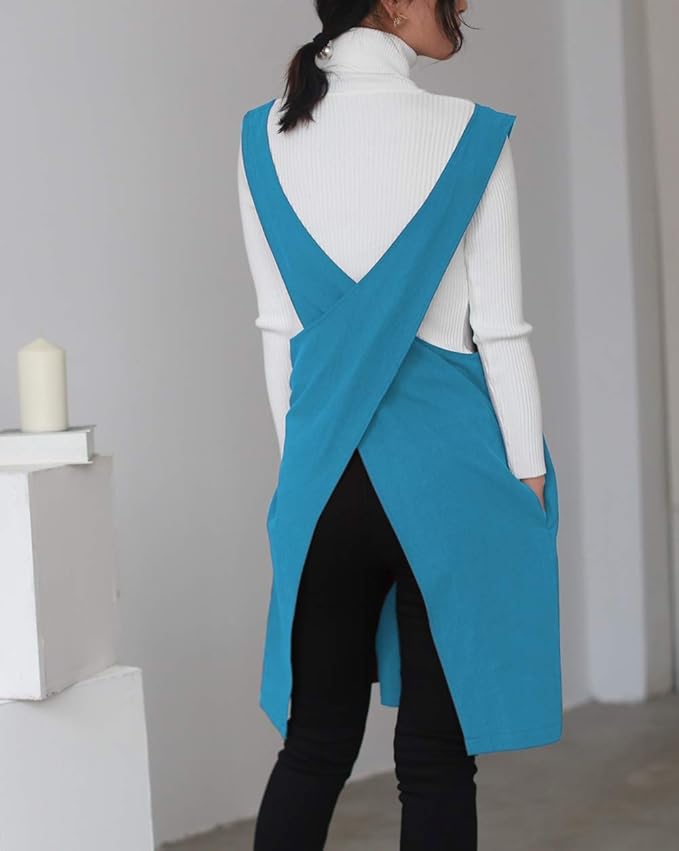 Cotton Linen Japanese Apron Halter Cross Back Bandage X Shape Aprons Two Pockets - Image 4