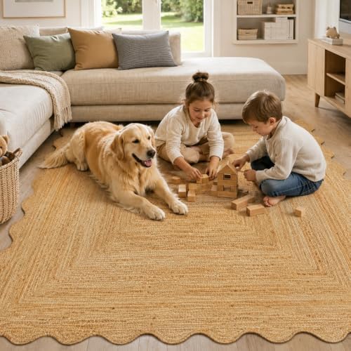 GRUHUM Jute Area Rug 2'x3' ft Wave Scalloped Natural Handwoven Boho R...