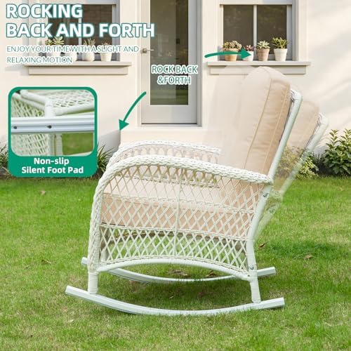 VIVIJASON Outdoor Wicker Rocking Chair, Patio Rattan Rocker Chair with Cushio...