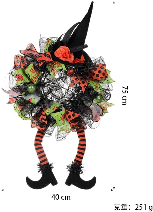 Halloween Witch Mesh Hat Legs Wreath, Front Door Decoration