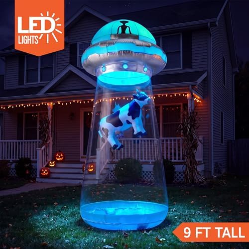 Joiedomi 9 FT Tall Halloween Inflatable UFO Outdoor Decorations, Halloween Blow Ups UFO Alien Decor for Yard Decoration with LEDs for Lawn Garden Party Decor