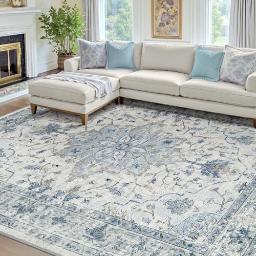 RELEANY Washable Area Rug, 8'x10', Blue/White/Gray