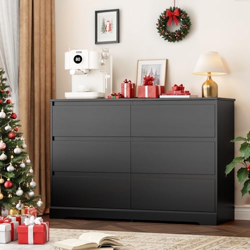 FOTOSOK Black Dresser for Bedroom, Modern 6 Drawer Double Dresser