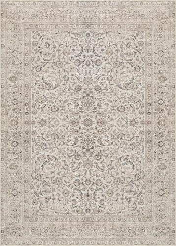 Traditional Beige & Off White Washable Area Rug with Border by Bloom Rugs