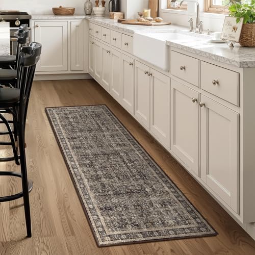 Washable Hallway Runner Rug 2'x6', Vintage MCM, Black/Brown/Beige