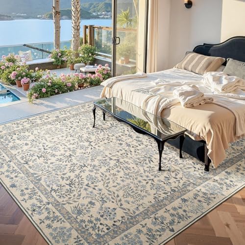 jinchan 8x10 Washable Living Room Area Rug, Vintage Floral, Blue/Cream