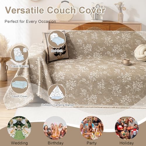 VClife Vintage Floral Bohemain Couch Cover, Soft Breathable Chenille Sofa Cover for Sectional Sofa L Shape, Modern White Taupe Botanical Sofa Slipcover Futon Cover for 2 Cushion Couch Sofa 71''x118''