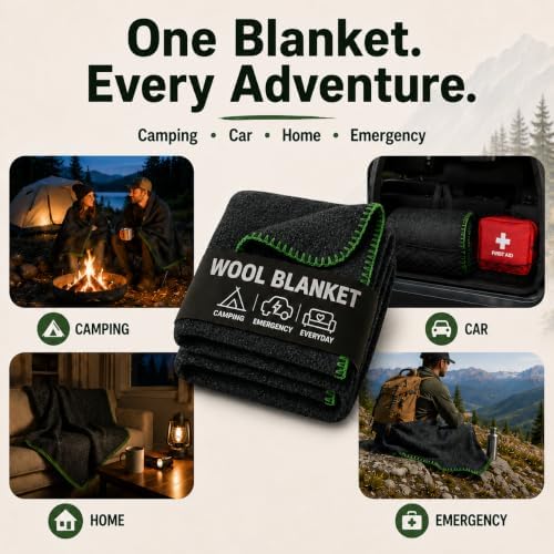 JMR Wool Camping Blanket, Fire Retardant Military Throw, Grey (62x84)