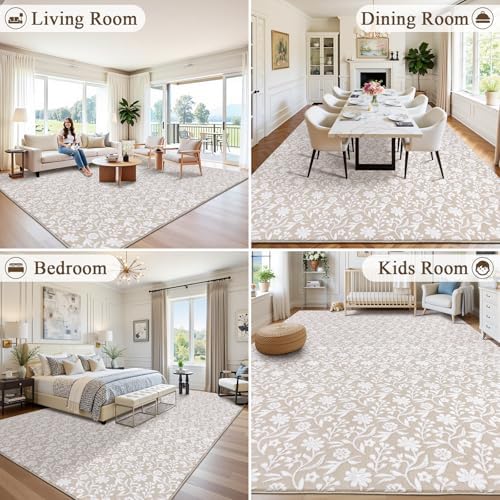 Vaukki 8x10 Area Rug for Living Room, Beige White Throw Carpet for Bedroom