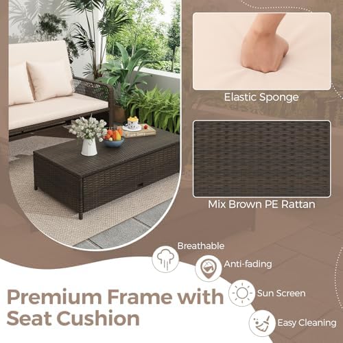 LDAILY Moccha Outdoor Daybed, PE Rattan Double Chaise Lounge w/ 4-Level Adjus...