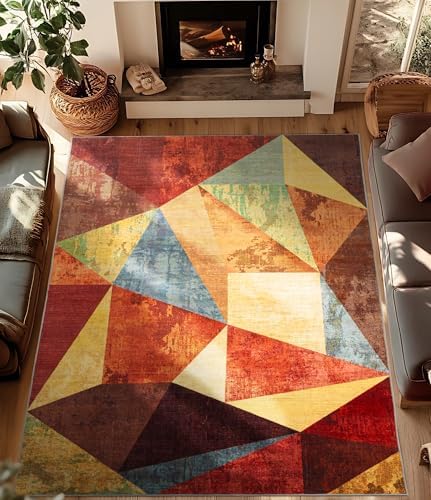 YIHOUSE Brown Area Rug 8x10,Geometric Burnt Orange Area Rug Non Slip,Farmhous...