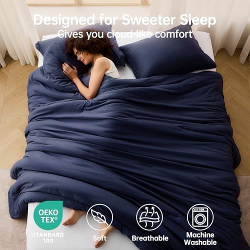 MUXHOMO King Comforter Set, 3-Piece All-Season Bedding, Navy Blue