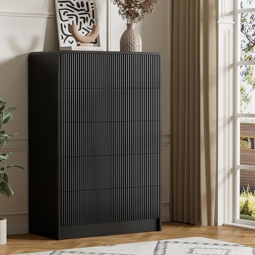 Furniway Black 5 Drawer Dresser for Bedroom, Curved Tall Dresser with Push-to...