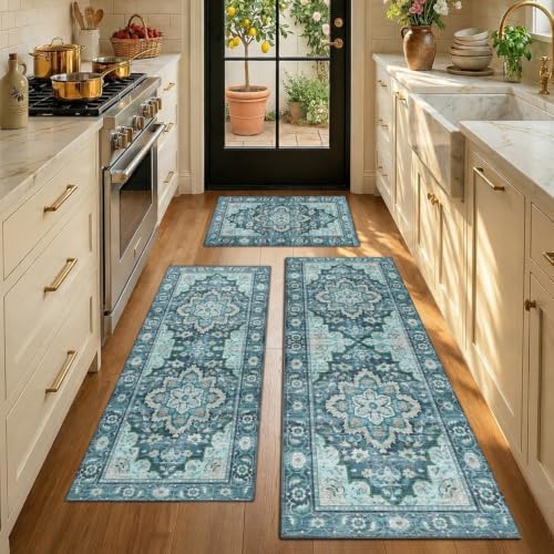 3-Piece Vintage Persian Rug Set - Washable Teal and Blue Area Rugs, Non-Slip ...