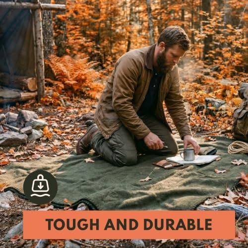 Woolly Mammoth Merino Wool Blanket, Fall Camping Blanket, 66"x90" G...