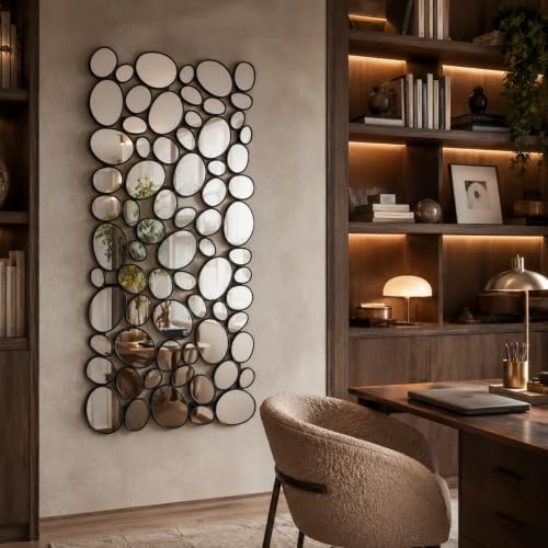 Black Mosaic Wall Mirror, 27.55" x 55" Large Pebble Geometric Decor...