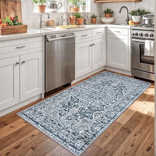 KUTA 3x5 Entryway Rug Washable Area Rugs Vintage Kitchen Rugs Blue White