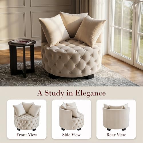 Upholstered Tufted Accent Barrel Chair with 3 Pillows, Contemporary Round Lou...
