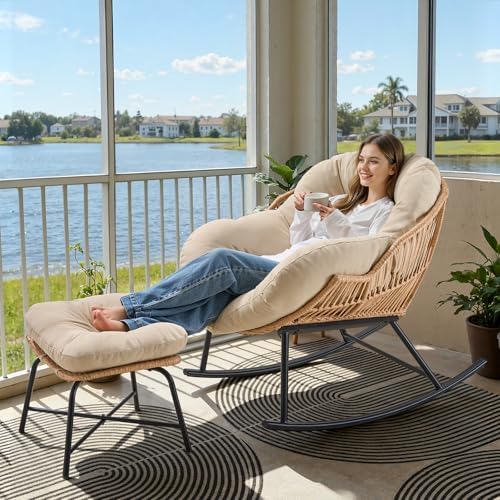 ONBRILL Papasan Rocking Chair with Ottoman, Oversized Papasan Chair, Beige