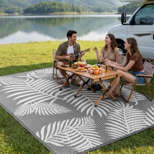 Kohree Outdoor Rug, Leaf, 8x10, Grey & White