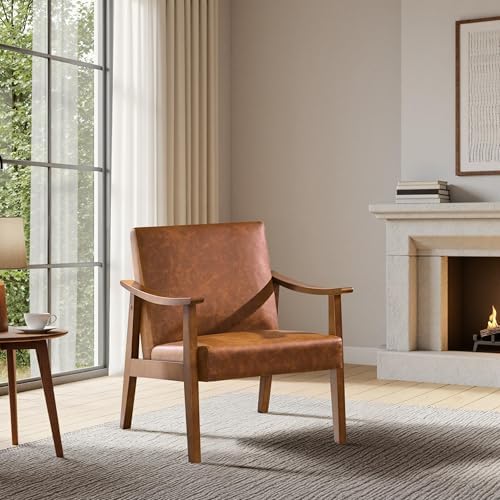 Yaheetech Accent Chairs, Mid-Century Faux Leather Armchairs, Light Brown