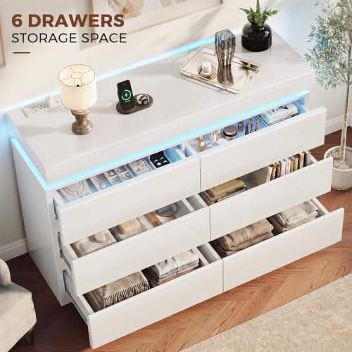 6 Drawer Dresser with LED Lights and Charging Station, Modern White Dresser