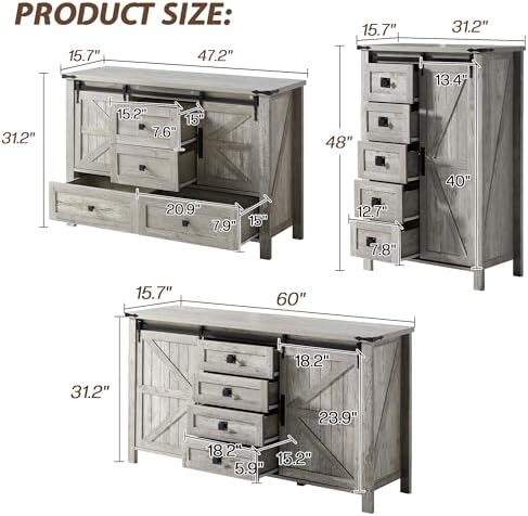 LUXOAK 3 Pieces Bedroom Set - Includes 60" Farmhouse Dresser, 48" C...