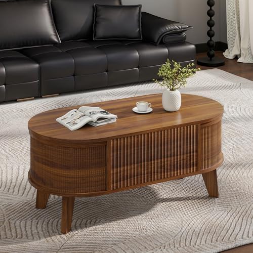 LYNCOHOME Fluted Lift Top Coffee Table with Storage,Modern Oval Coffee Table ...