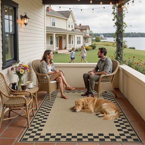UERMEI 5x7 Outdoor Jute Area Rug Patio Neutral Washable Checkered Brown | Easy Non Slip Pet Friendly Indoor Farmhouse Carpet for Living Room Bedroom Dining Backyard