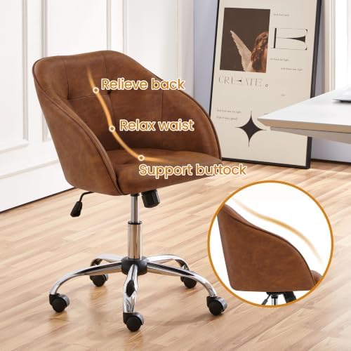 Yaheetech Faux Leather Vanity Chair with Wheels, Tufted Seat, Retro Brown