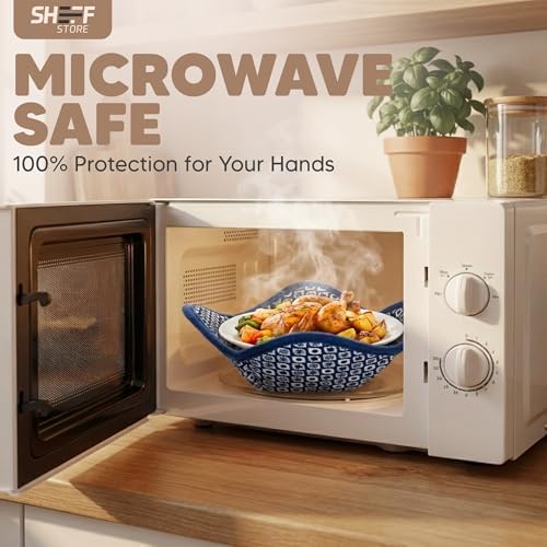 Sheff Microwave Bowl Cozy Holders Set of 4 - Durable and Reliable for Hot and Cold Plates and Dishes - Ideal Household Gift (Navy and White, 7 inch)