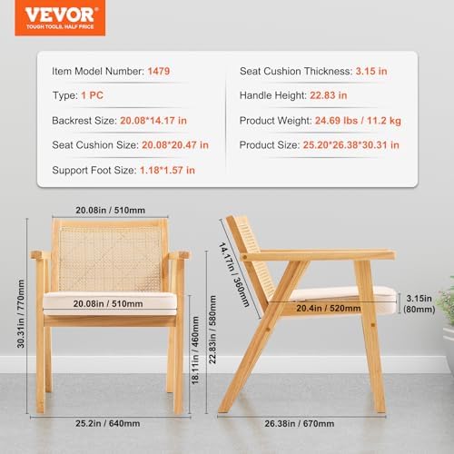 VEVOR Mid Century Modern Rattan Chair, Upholstered Velvet Accent Chair with R...