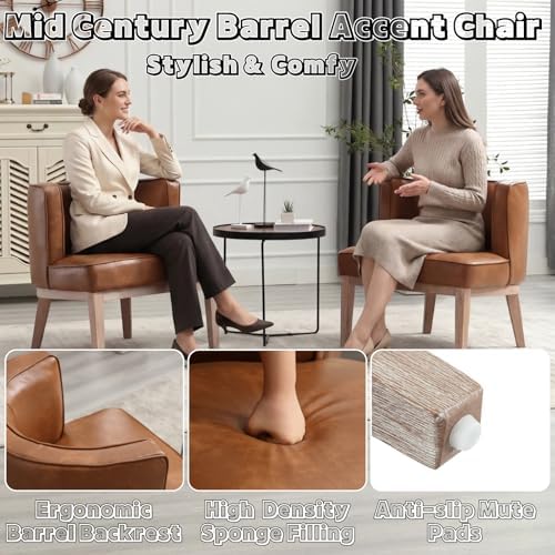 BESTANO Barrel Accent Chairs Set of 2, PU Leather Comfy Side Chairs, Brown