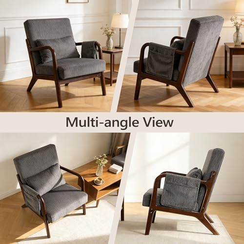 Mid Century Modern Accent Chair with Pocket, Solid Wood Armchair, Dark Gray