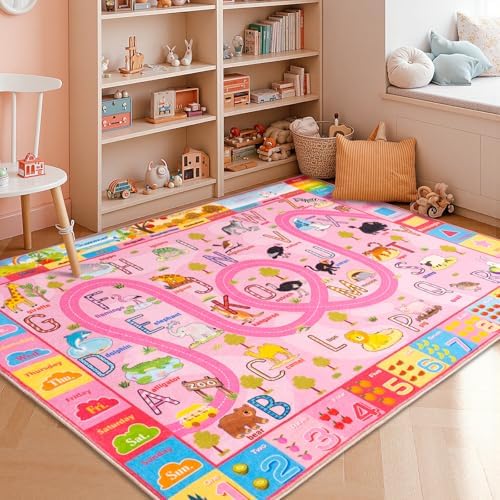 4 x 6 Feet Pink Zoo Themed Kids Educational Play Area Rug for Girls | Pink Non-Slip Washable Kids Learning Rug, Alphabet Numbers Zoo Animals Week Seasons Design for Classroom Playroom