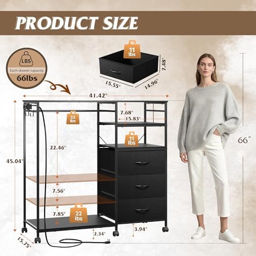 WLIVE LED Dresser for Bedroom, 3 Drawers with Hanging Rack, Black