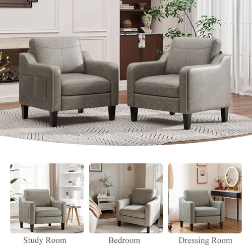 MALOL PU Leather Accent Chair Set of 2 with Solid Wood Frame, Grey
