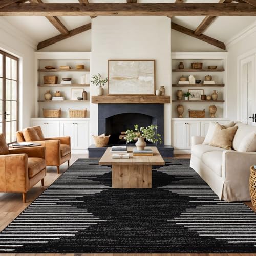Rugshop Bohemian Stripe Stain Resistant Large Area Rug Black 7'10" x...