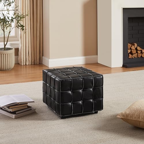 Art Leon Tufted Square Ottoman Leather Footstool Modern Foot Rest Black