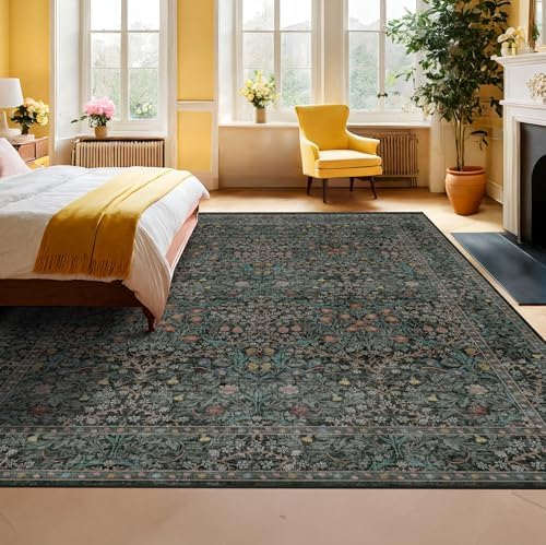 Floral Dark Green Washable Area Rugs 8x10, Vintage Living Room Rug