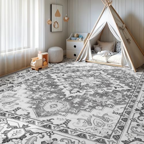 Lofus 5x7 Area Rugs for Living Room Bedroom, Soft Boho Carpet Floral Grey