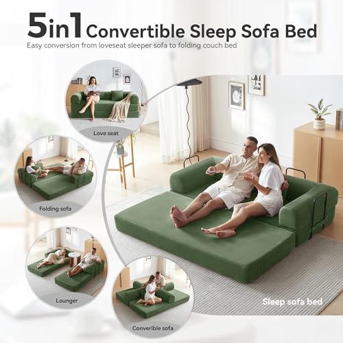 79" Convertible Futon Sofa Bed, Boneless Couch for Living Room (Green)
